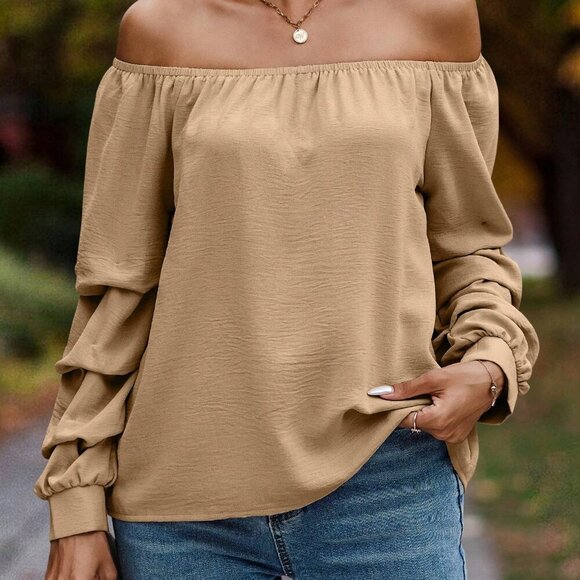 Khaki Casual Women's Off Shoulder Bishop Sleeve Blouse - Picture 5 of 5